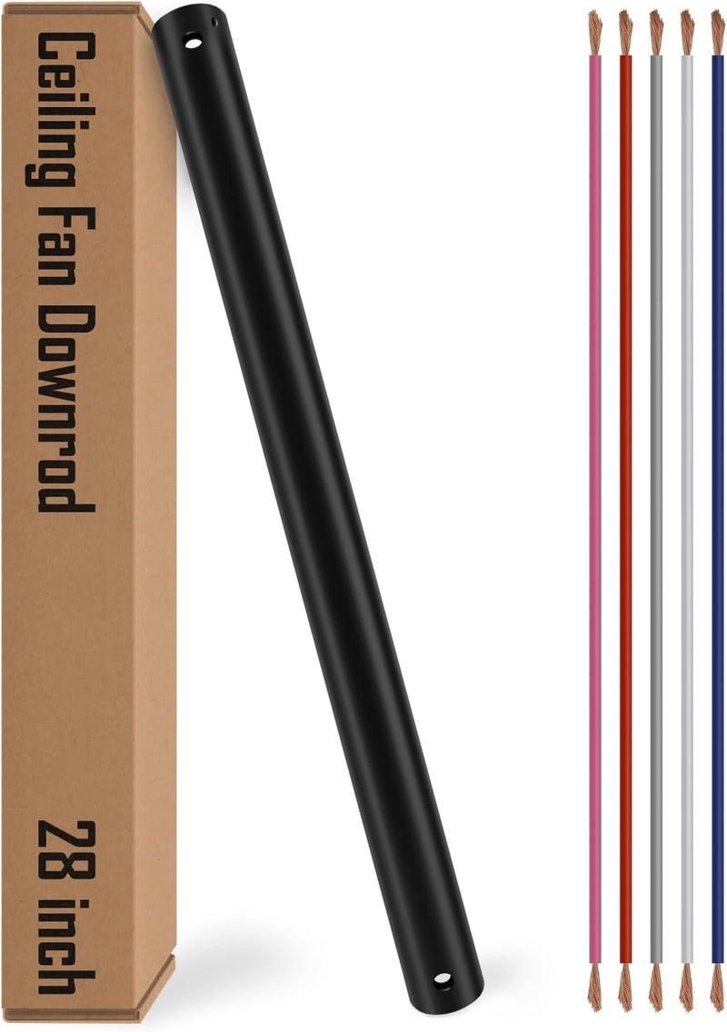 zsvicka 28 inch Ceiling Fan Downrod, Black Downrod for Ceiling Fans with lights, Extension Downrod with Wires, 1 inch Outside Diameter, Ceiling Fans and Accessories Replacement Parts, No Threaded, Black - Image 1